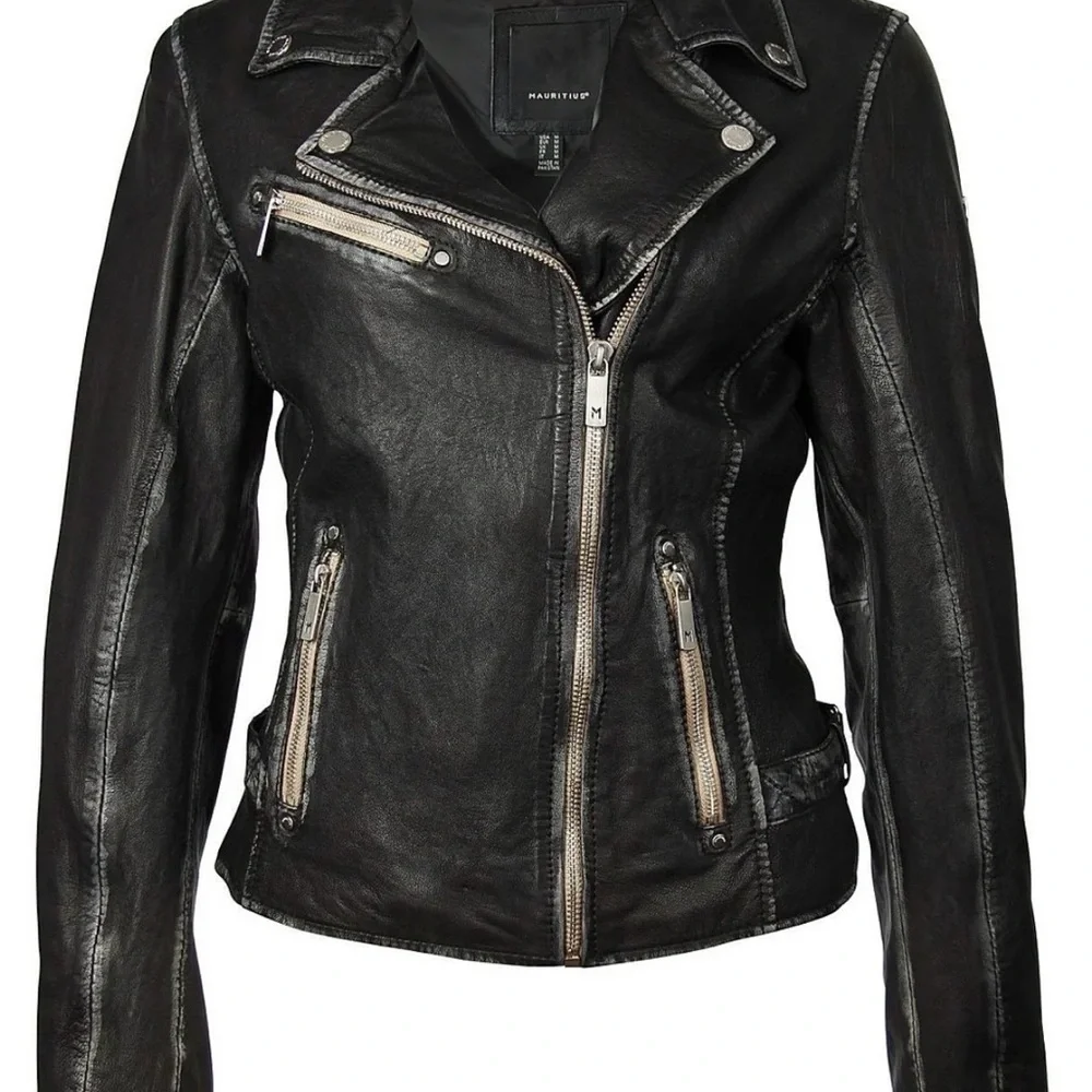 Black Lambskin Leather Moto Jacket with Gold Features